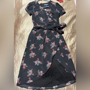 Modcloth Black Floral Wrap Midi Dress with Red rust pink & Teal Blooms NWT SMALL